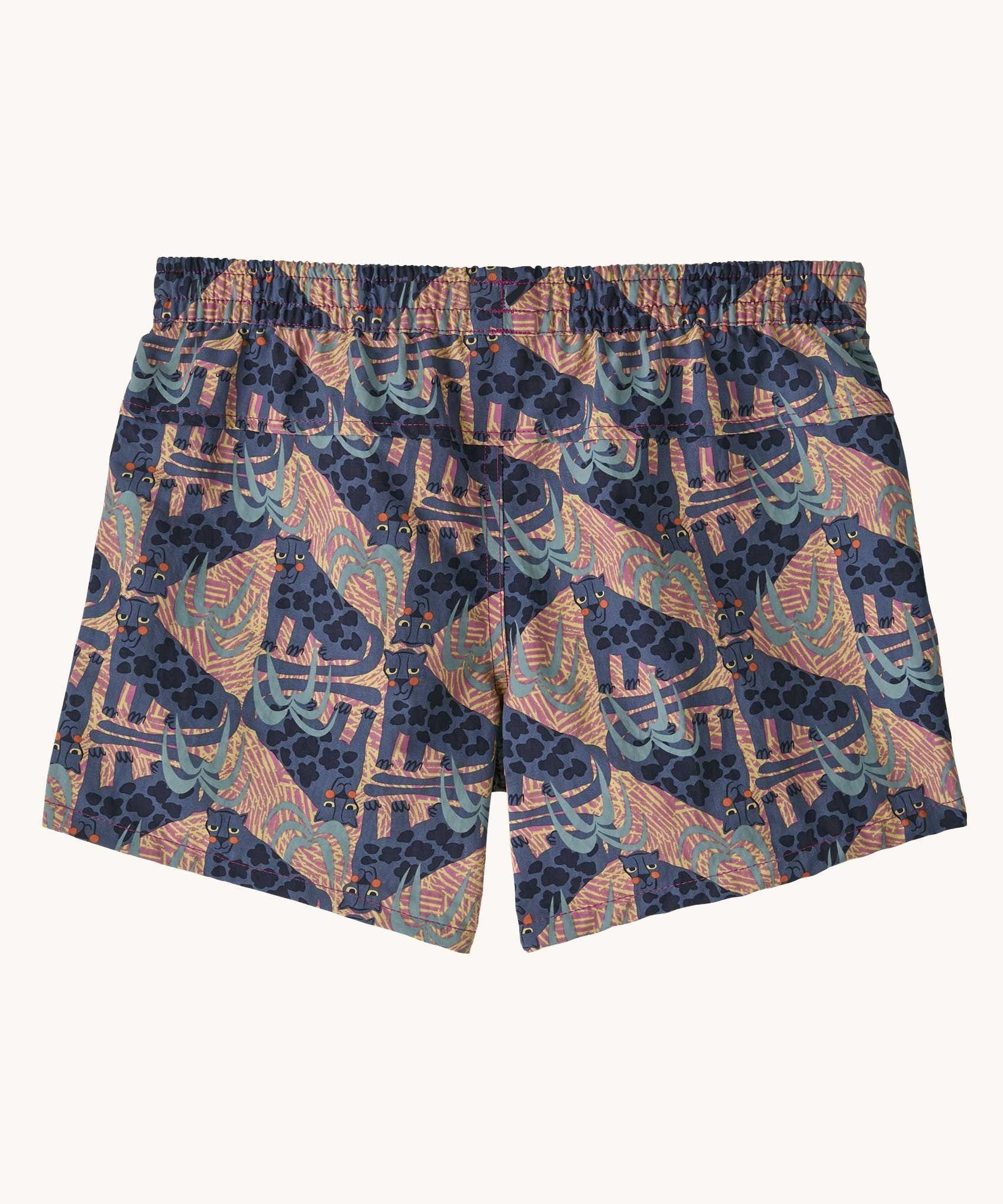 Back of the Patagonia kids baggies shorts with elasticated waist band in faded magenta with an all over retro jaggy style print.