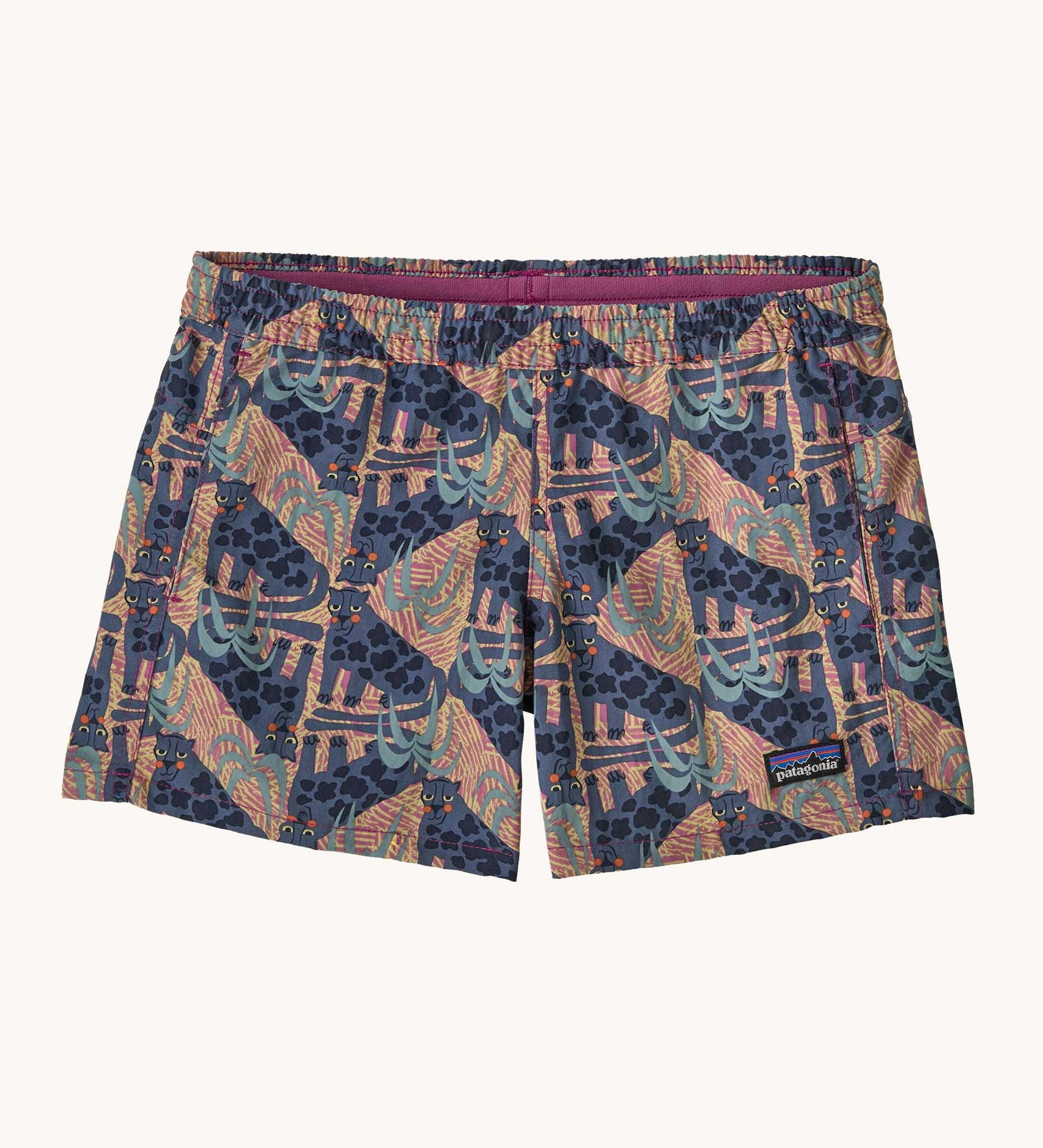 Patagonia kids baggies shorts 4 in. - in faded magenta with an all over retro jaggy style print. Small black logo on one leg.
