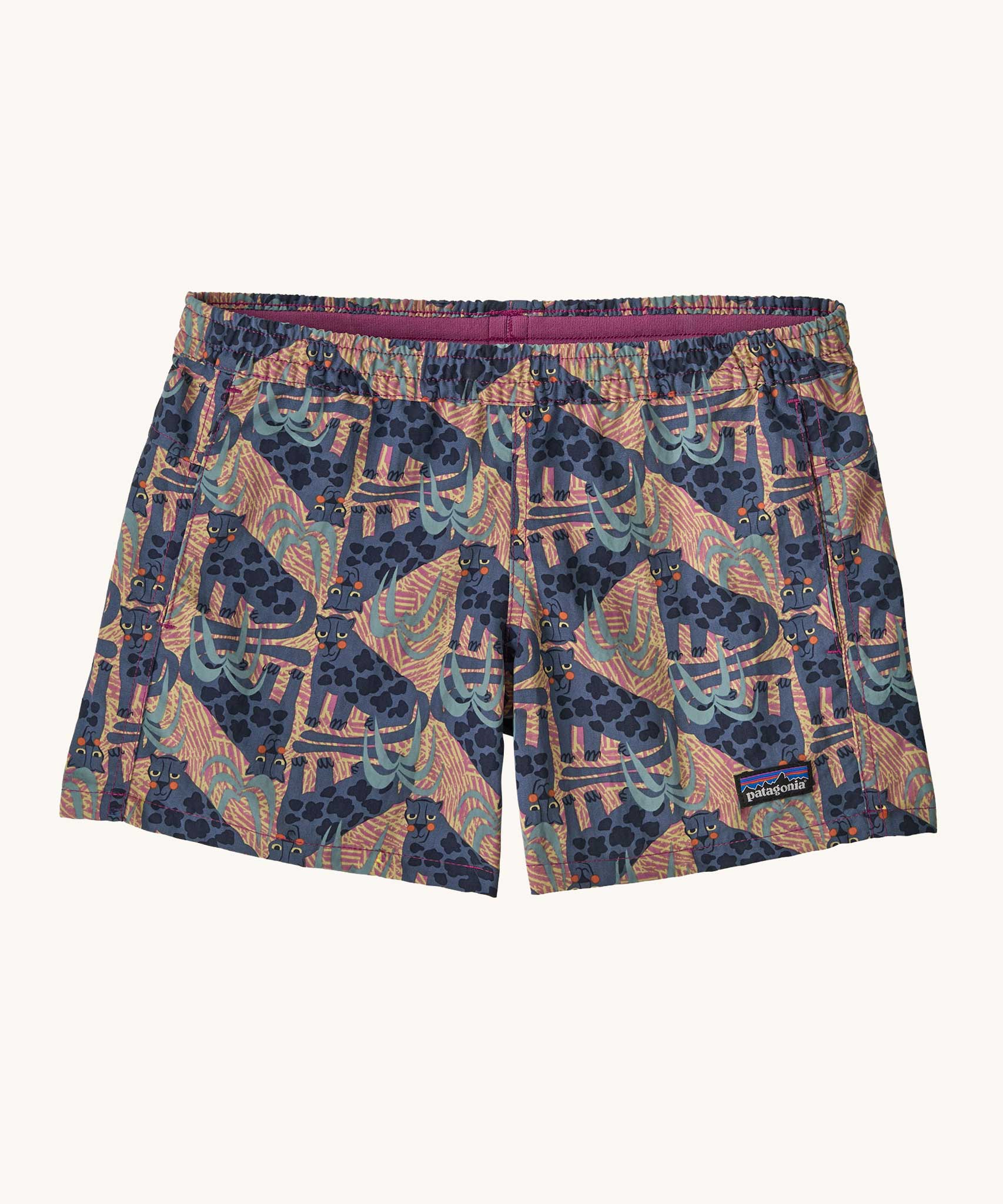 Patagonia kids baggies shorts 4 in. - in faded magenta with an all over retro jaggy style print. Small black logo on one leg.