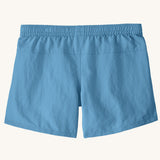 Back of the Patagonia kid's unlined baggies shorts in shore blue with elasticated waistband. 