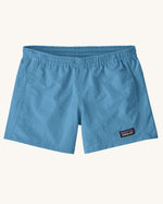 Patagonia kid's unlined baggies shorts in shore blue with small black logo label on the front. 