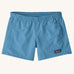Patagonia kid's unlined baggies shorts in shore blue with small black logo label on the front. 