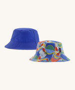 Patagonia kids bucket hat in multicoloured pattern design and blue colour on a cream background.