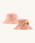 Patagonia kids bucket hat in multicoloured pink flower pattern design  and pink colour on a cream background.
