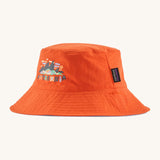 Patagonia kids bucket hat in a orange colour on a cream background.