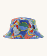 Patagonia kids bucket hat in multicoloured pattern design on a cream background.