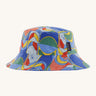 Patagonia kids bucket hat in multicoloured pattern design on a cream background.