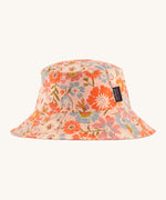 Patagonia kids bucket hat in multicoloured pink flower pattern design on a cream background.