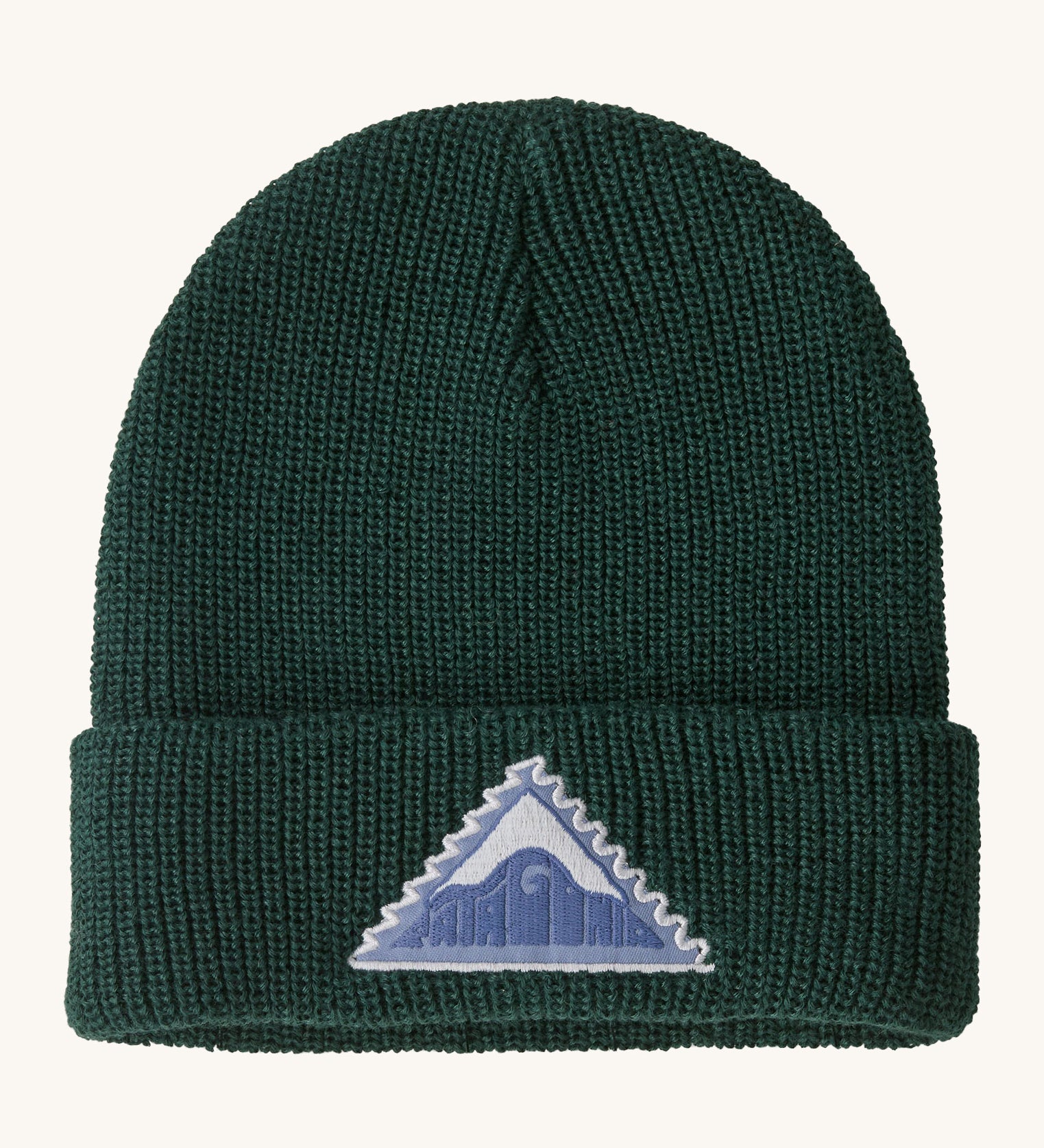 Patagonia kids beanie in cascade green. Features a logo patch shaped as a mountain on the brim. 
