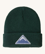 Patagonia kids beanie in cascade green. Features a logo patch shaped as a mountain on the brim. 
