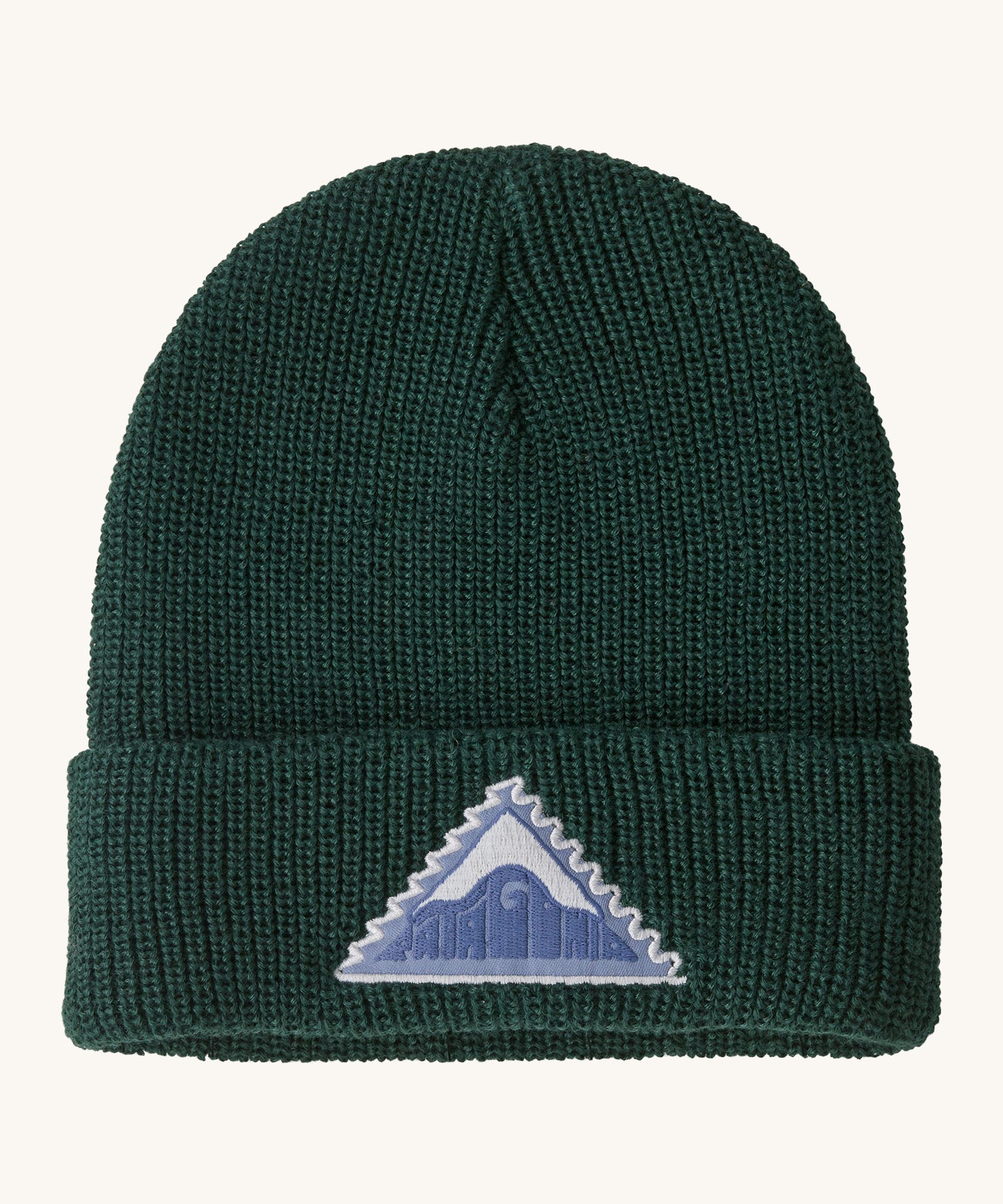 Patagonia kids beanie in cascade green. Features a logo patch shaped as a mountain on the brim. 