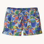 The Patagonia Kids Costa Rica Unlined Baggies Shorts featuring a Swallowtail Geo / Eddy Blue design on a plain background.