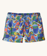 The Patagonia Kids Costa Rica Unlined Baggies Shorts featuring a Swallowtail Geo / Eddy Blue design on a plain background.