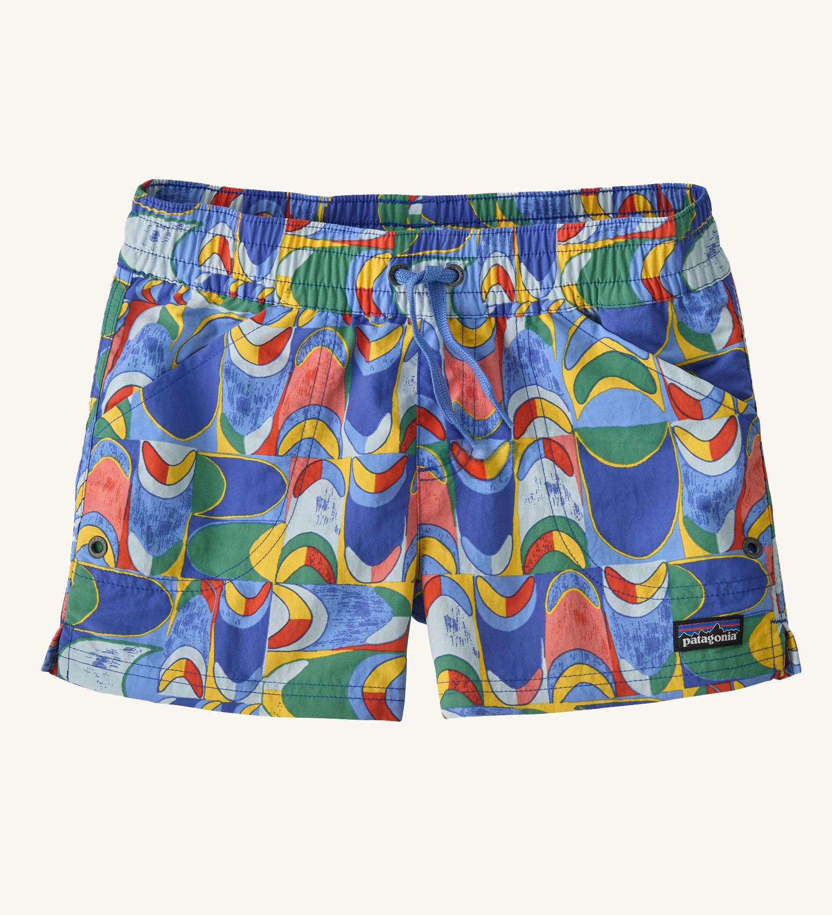 The Patagonia Kids Costa Rica Unlined Baggies Shorts featuring a Swallowtail Geo / Eddy Blue design on a plain background.