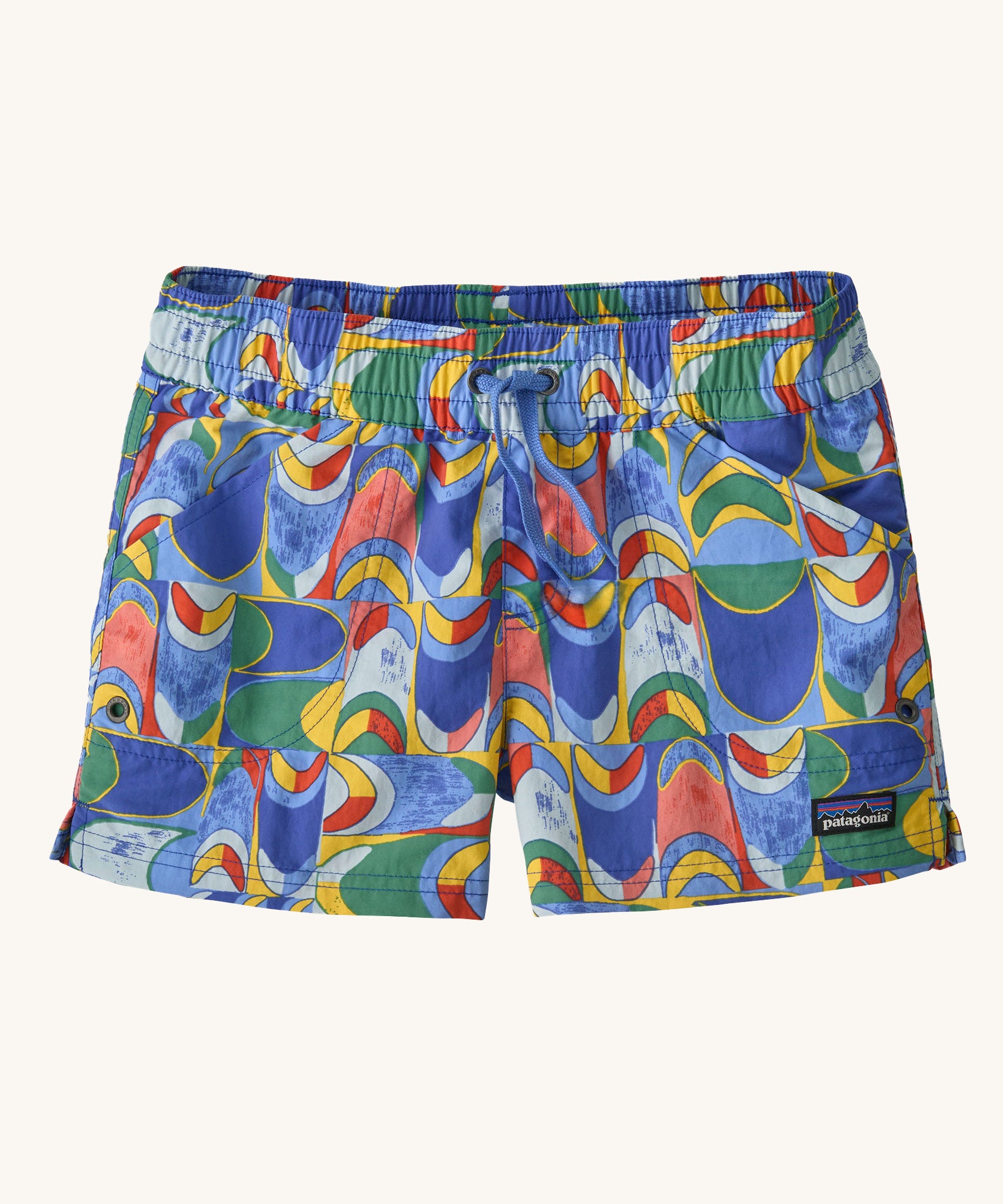 The Patagonia Kids Costa Rica Unlined Baggies Shorts featuring a Swallowtail Geo / Eddy Blue design on a plain background.