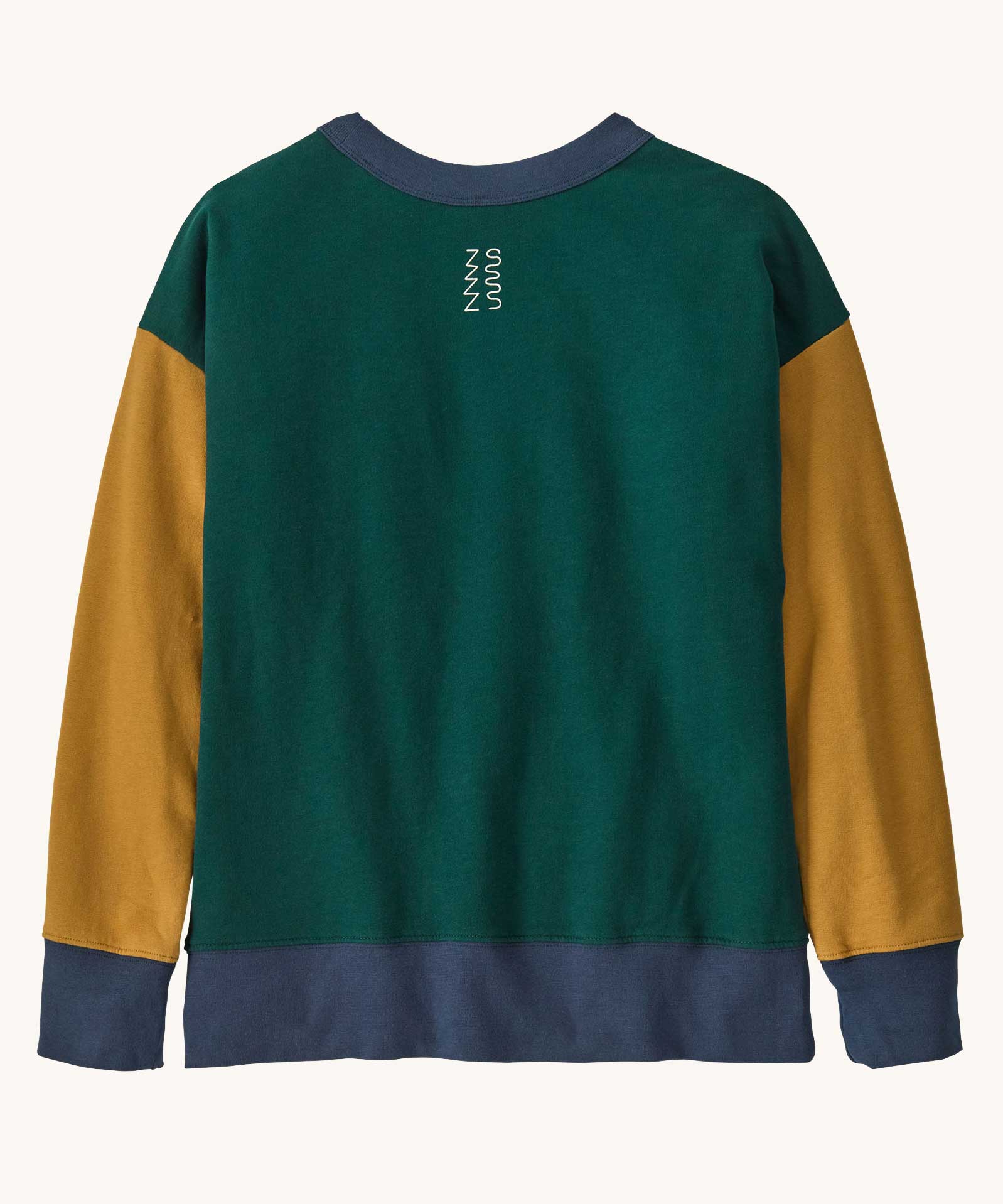 Back of Patagonia Kids Crew Sweatshirt - Driftways Patch: Cascade Green