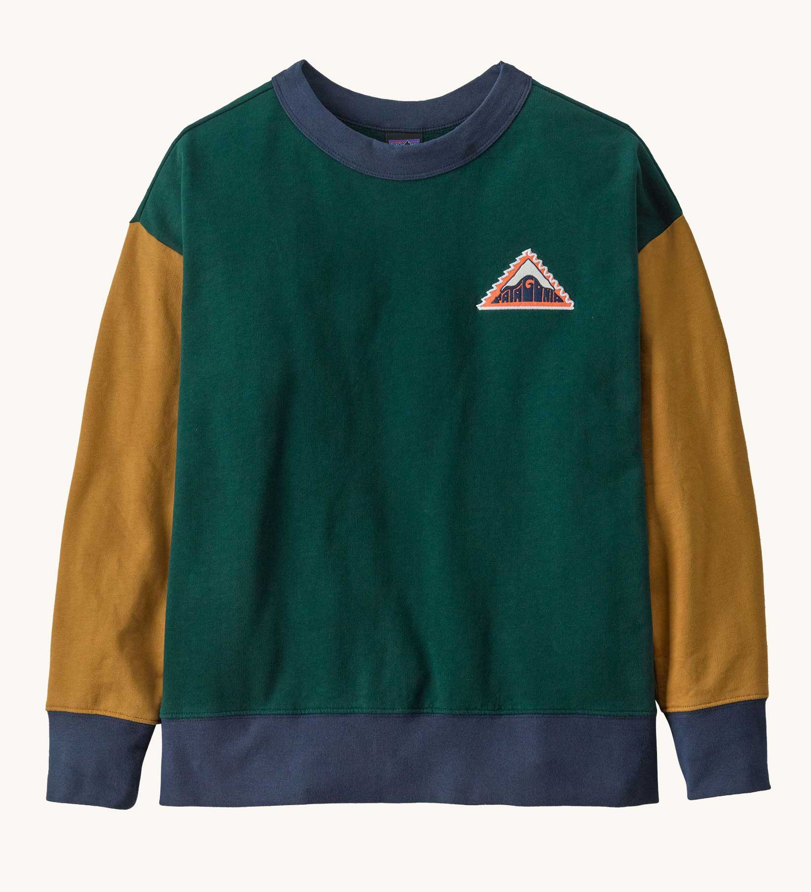 Front of Patagonia Kids Crew Sweatshirt - Driftways Patch: Cascade Green