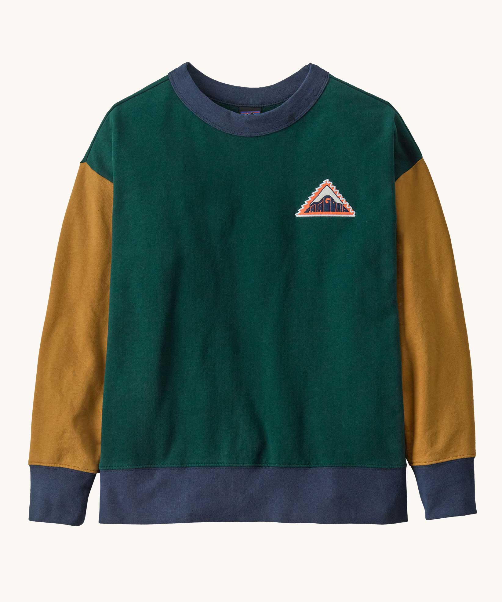 Front of Patagonia Kids Crew Sweatshirt - Driftways Patch: Cascade Green