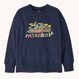 Patagonia Kids Crew Sweatshirt with a Fitz Roy Foliage design graphic on the front and a New Navy colour way.