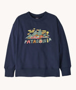 Patagonia Kids Crew Sweatshirt with a Fitz Roy Foliage design graphic on the front and a New Navy colour way.