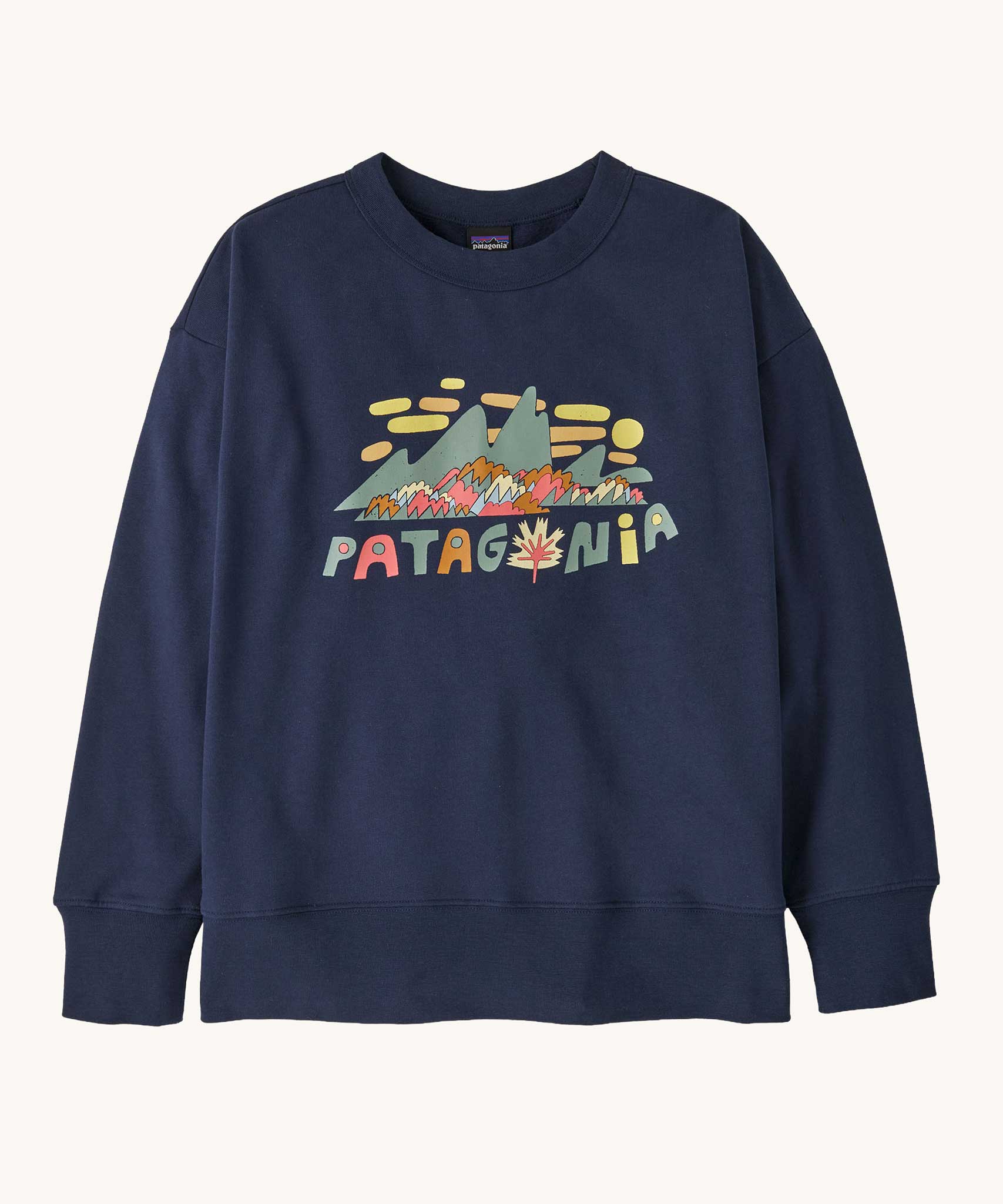 Patagonia Kids Crew Sweatshirt with a Fitz Roy Foliage design graphic on the front and a New Navy colour way.