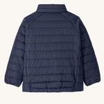 The back of the Patagonia Little Kids Down Sweater kids jacket in a New Navy colour on plain background. 