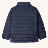 The back of the Patagonia Little Kids Down Sweater kids jacket in a New Navy colour on plain background. 