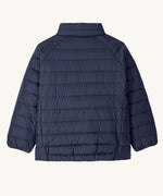 The back of the Patagonia Little Kids Down Sweater kids jacket in a New Navy colour on plain background. 