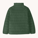Back of the Patagonia kids down insulated sweater jacket in canopy green.