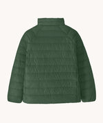 Back of the Patagonia kids down insulated sweater jacket in canopy green.