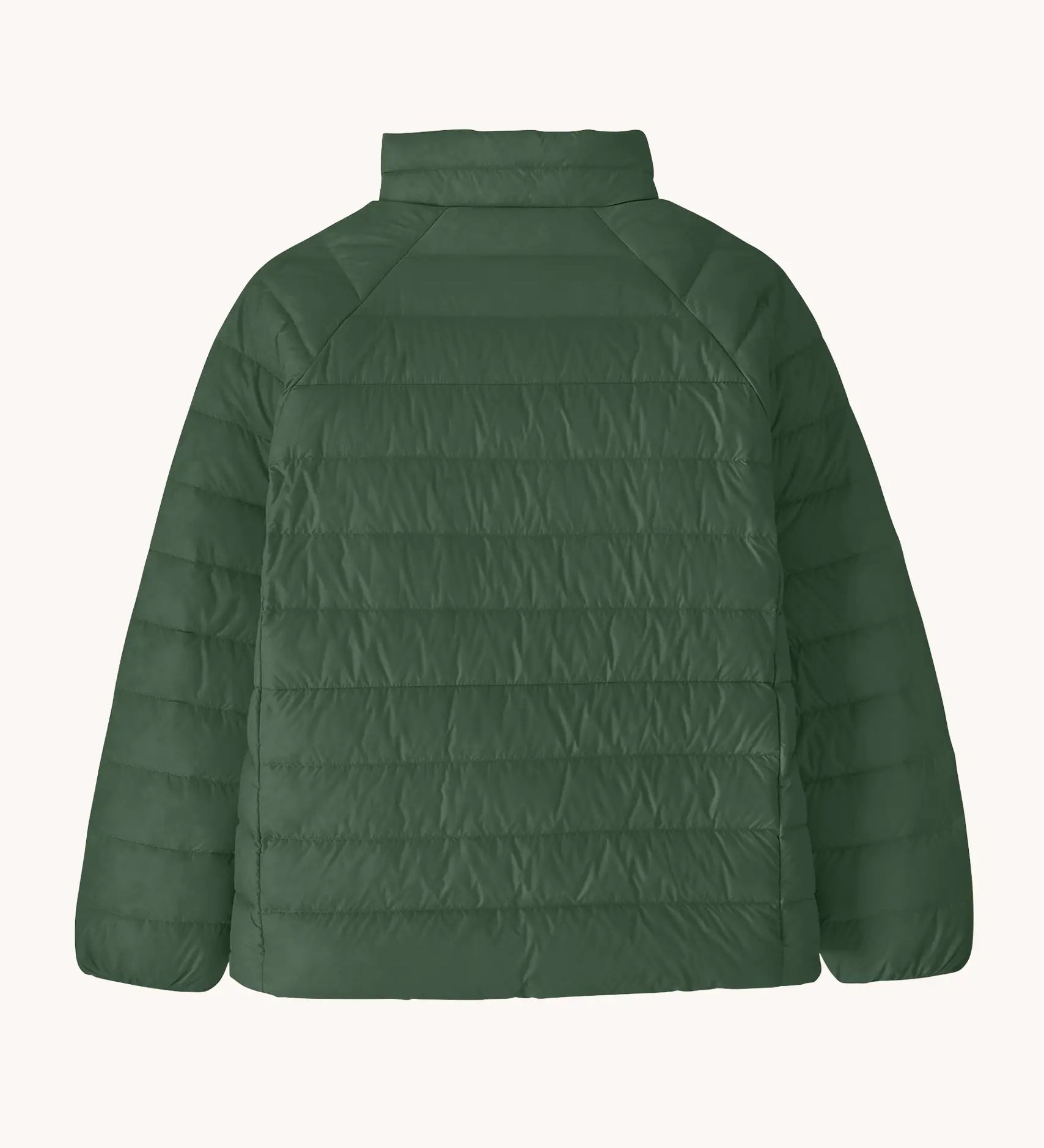 Back of the Patagonia kids down insulated sweater jacket in canopy green.