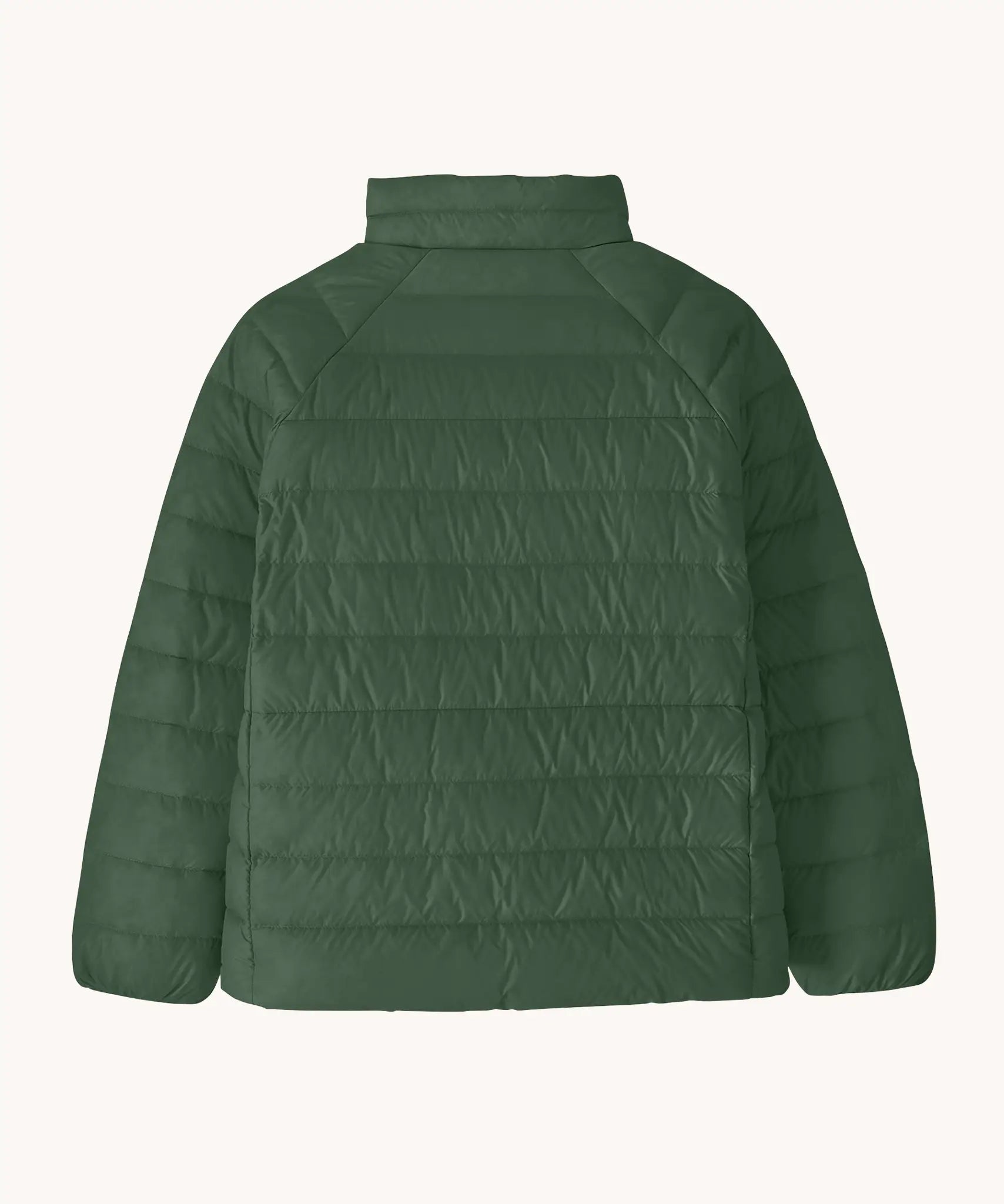 Back of the Patagonia kids down insulated sweater jacket in canopy green.