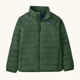 Patagonia kids down insulated sweater jacket in canopy green, small black logo on chest, zip up front and two front pockets.