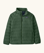Patagonia kids down insulated sweater jacket in canopy green, small black logo on chest, zip up front and two front pockets.