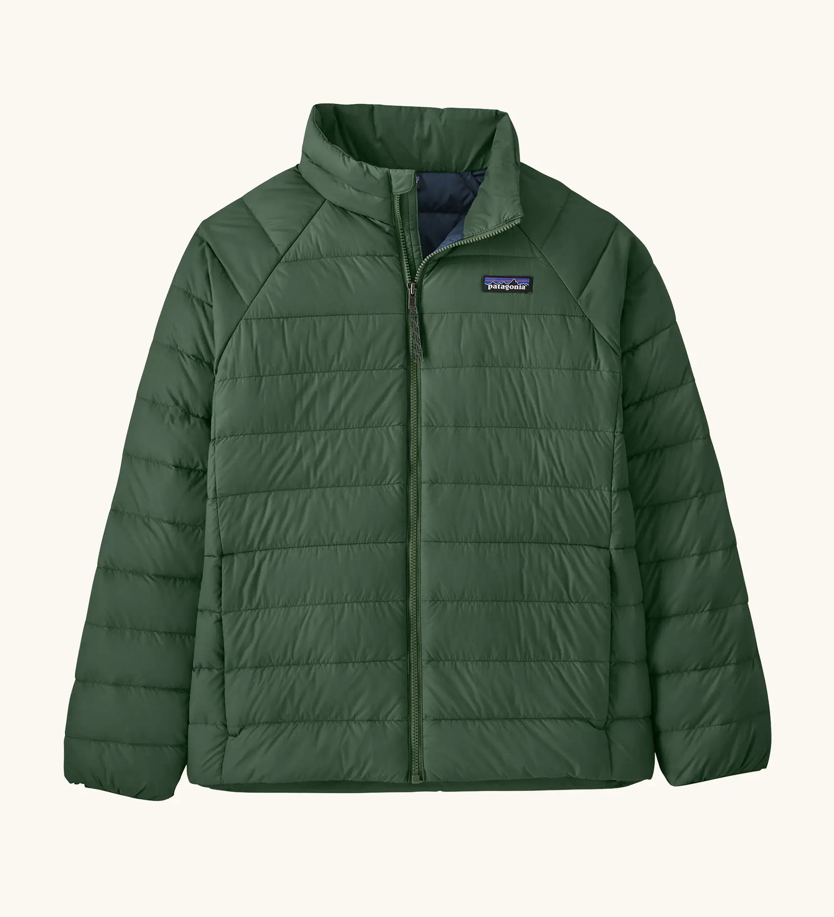 Patagonia kids down insulated sweater jacket in canopy green, small black logo on chest, zip up front and two front pockets.