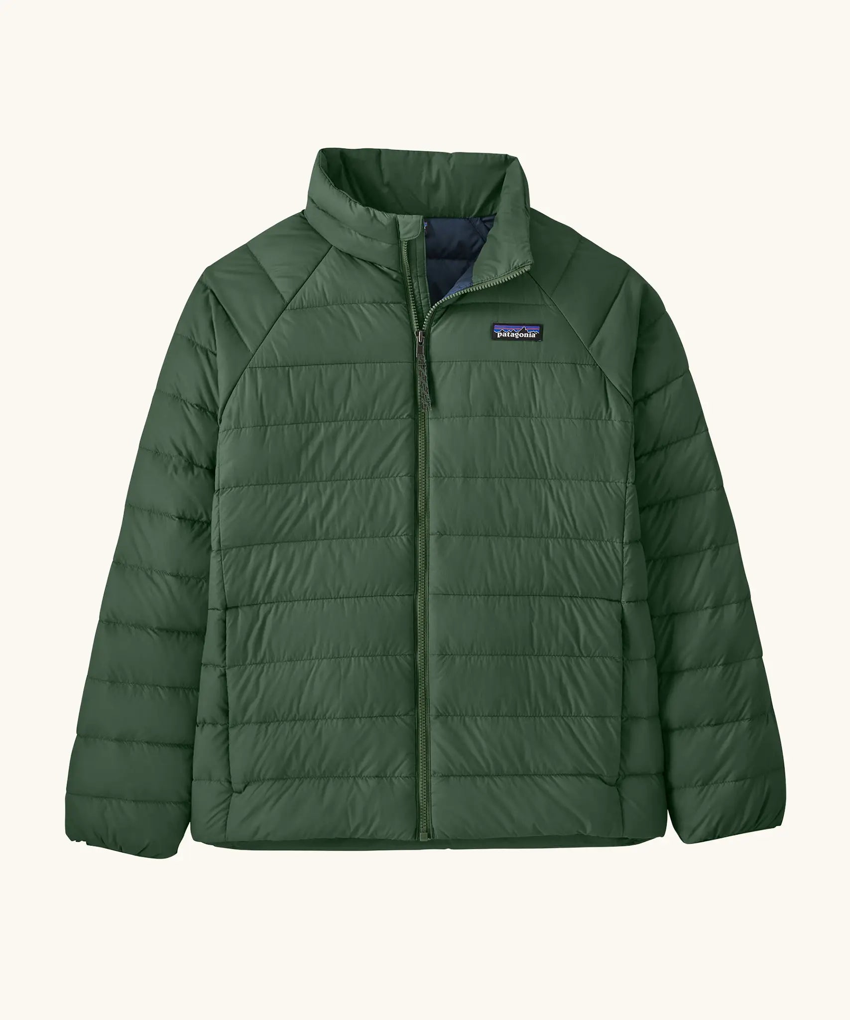 Patagonia kids down insulated sweater jacket in canopy green, small black logo on chest, zip up front and two front pockets.