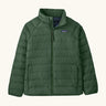 Patagonia kids down insulated sweater jacket in canopy green, small black logo on chest, zip up front and two front pockets.