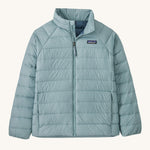 Patagonia Kids Down Sweater Jacket in a Thermal Blue colour on a plain background. 