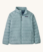 Patagonia Kids Down Sweater Jacket in a Thermal Blue colour on a plain background. 