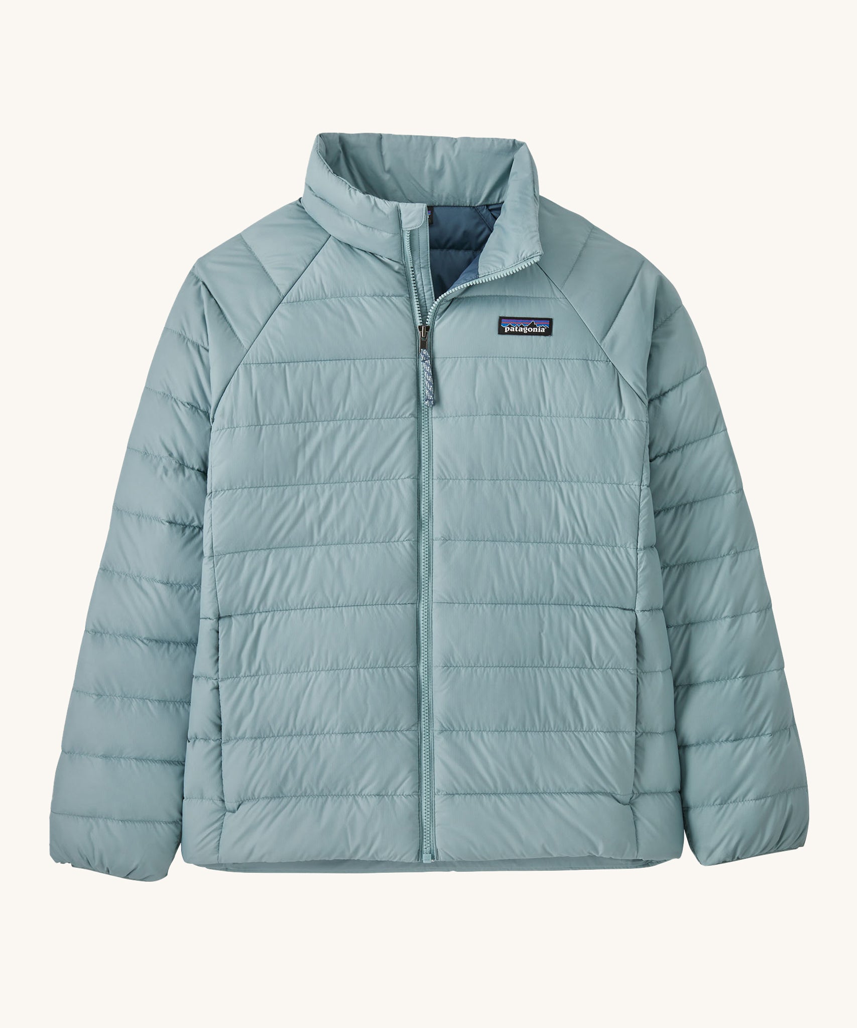 Patagonia Kids Down Sweater Jacket in a Thermal Blue colour on a plain background. 