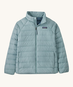 Patagonia Kids Down Sweater Jacket in a Thermal Blue colour on a plain background. 
