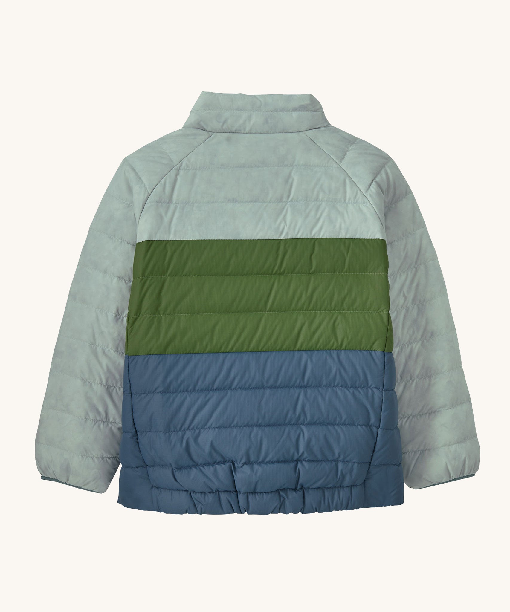 A view of the back of a Patagonia Little Kids Down Sweater Jacket in the Wispy Green colour way on a plain background.