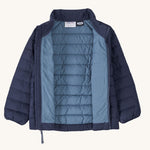 The Patagonia Little Kids Down Sweater kids jacket in a New Navy colour on plain background. The front zip is fully open showing the blue coloured lining.