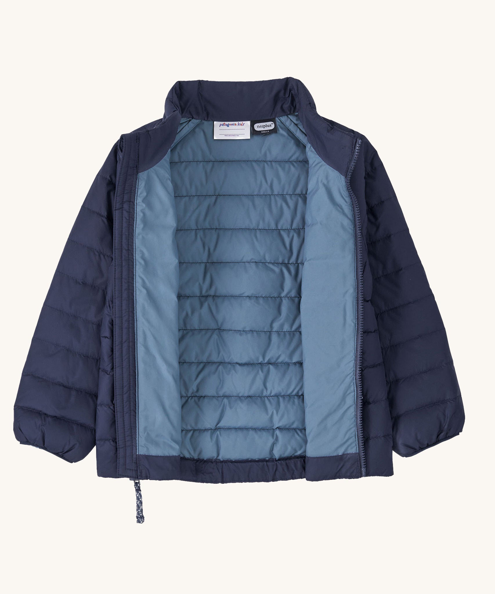 The Patagonia Little Kids Down Sweater kids jacket in a New Navy colour on plain background. The front zip is fully open showing the blue coloured lining.