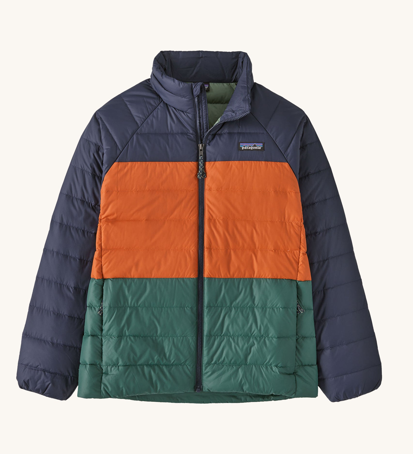  Patagonia Kids Down Sweater in a New Navy colour on a plain background. 