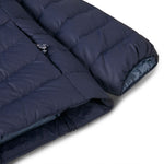 A close up of the sleeves ion the Patagonia Little Kids Down Sweater kids jacket in a New Navy colour on plain background. 