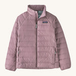  Patagonia Kids Down Sweater in a Stormy Mauve pink colour on a plain background.