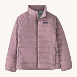  Patagonia Kids Down Sweater in a Stormy Mauve pink colour on a plain background.