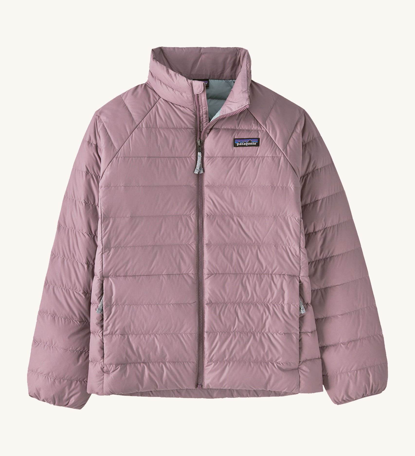 Patagonia Kids Down Sweater in a Stormy Mauve pink colour on a plain background.
