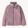  Patagonia Kids Down Sweater in a Stormy Mauve pink colour on a plain background.